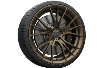 Obraz premium Isolated modern car wheel with low profile tire and perforated brake disc on background