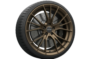 Isolated modern car wheel with low profile tire and perforated brake disc on background