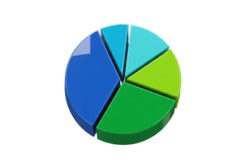 Isolated 3D pie chart in blue, green, and cyan colors, business infographic statistical data