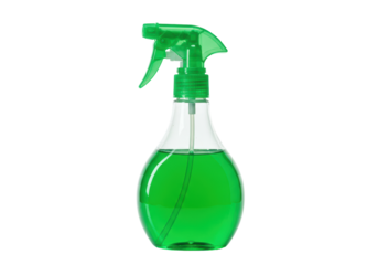 Isolated green spray bottle of liquid cleaner, glass container with trigger and fluid