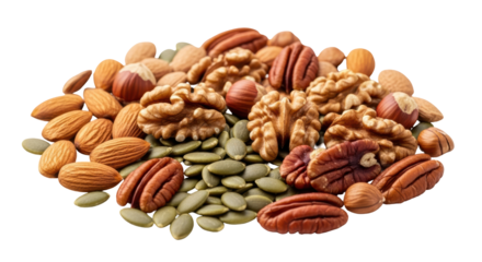Isolated mix of nuts and seeds including walnuts, pecans, almonds, hazelnuts, pumpkin seeds