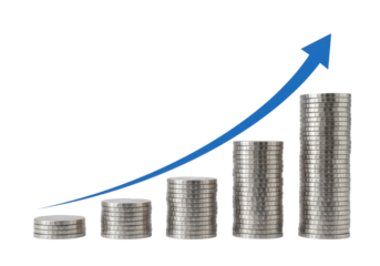 Isolated diagrammatic financial success, graph showing growth with increasing coins stacks