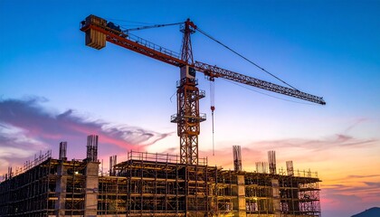 Towering crane oversees unfinished building construction against vibrant sunset sky