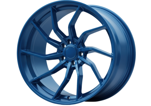 Isolated, blue car wheel with ten curved spokes is on display at a slight angle here