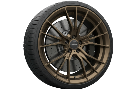Isolated modern car wheel with low profile tire and perforated brake disc on background