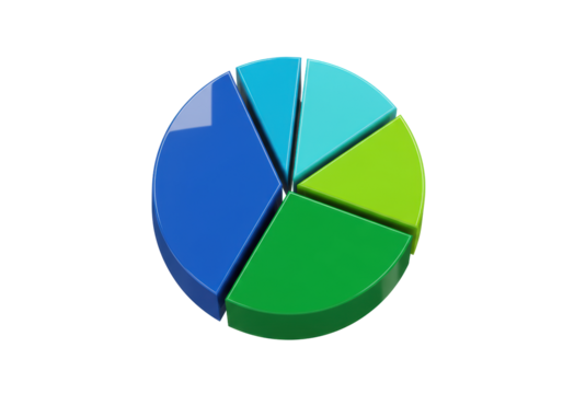 Isolated 3D pie chart in blue, green, and cyan colors, business infographic statistical data