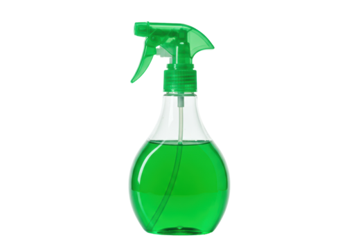 Isolated green spray bottle of liquid cleaner, glass container with trigger and fluid