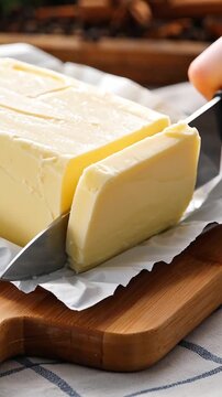 Knife cutting through a solid block of butter on a wooden cutting board in a kitchen setting