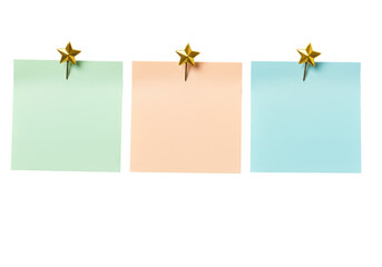 Isolated multicolored sticky notes with push pins, for bulletin board or reminder
