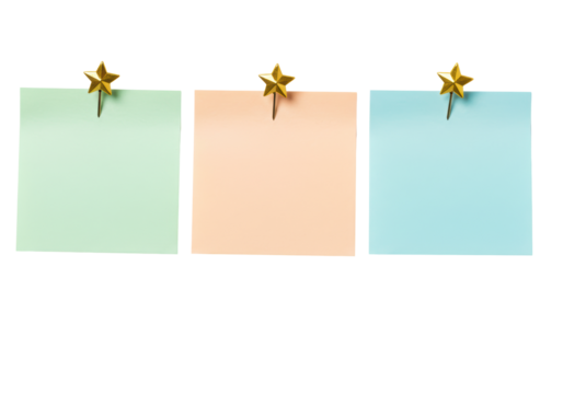 Isolated multicolored sticky notes with push pins, for bulletin board or reminder