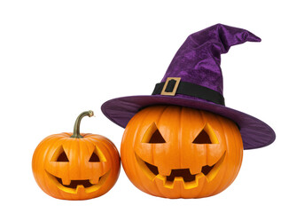 Isolated Halloween pumpkins carved with jack-o'-lantern faces and a witch's hat costume
