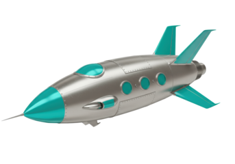Isolated retro rocket ship space vehicle, silver body with blue windows and accents, fantasy ride