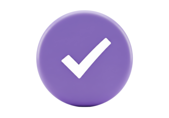 Isolated purple check mark icon, success validation symbol, round button for websites and apps