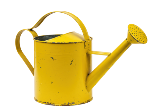 Isolated yellow watering can, gardening equipment for pouring water on plants and flowers outdoors