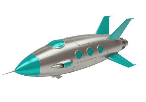 Isolated retro rocket ship space vehicle, silver body with blue windows and accents, fantasy ride