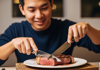 Young Asian man cutting into medium rare steak at restaurant dinner table