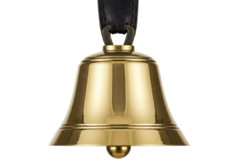 Isolated golden bell on leather strap for decoration, christmas or new year holiday