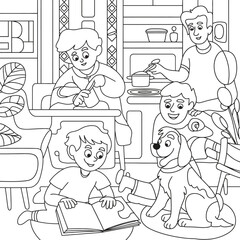 Family enjoying indoor activities with a dog and a plant Keywords: family, children, dog, indoor