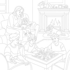 Family enjoying indoor activities with a dog by the fireplace, reading and playing games