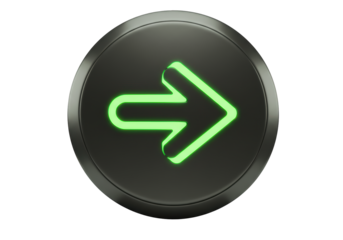 Isolated Right Arrow Button glowing green on metal, modern forward navigation vector icon