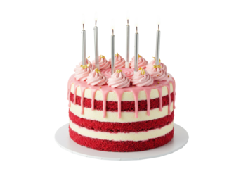 Isolated celebratory multi-layered cake decorated with cream, candles, and pink frosting for birthday