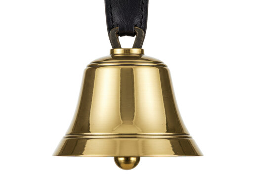 Isolated golden bell on leather strap for decoration, christmas or new year holiday