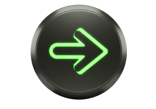 Isolated Right Arrow Button glowing green on metal, modern forward navigation vector icon