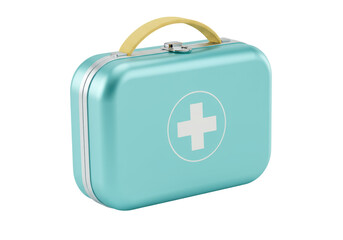 Isolated first aid kit in turquoise. Vintage emergency case with white cross symbol.