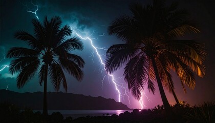 Dramatic tropical storm with vibrant lightning illuminating palm trees and a dark coastline at night
