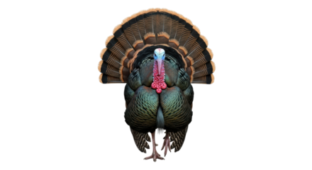 Isolated Turkey with Fanned Tail Feathers Displaying Mating Season Colors, Male Wild Bird