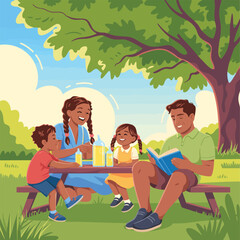 Family enjoys a picnic lunch under a large tree in a park outdoors