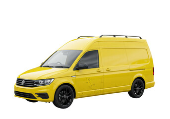 Isolated yellow commercial vehicle for shipping, product delivery or transporting goods
