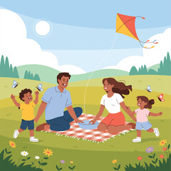 Family flying a kite in a park with mountains and butterflies in the background outdoors