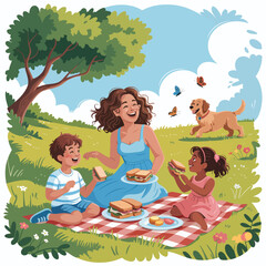 Family enjoying a picnic lunch with sandwiches and fruit in a sunny park mother children