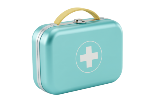 Isolated first aid kit in turquoise. Vintage emergency case with white cross symbol.