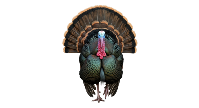 Isolated Turkey with Fanned Tail Feathers Displaying Mating Season Colors, Male Wild Bird
