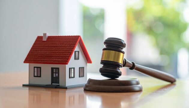 Real estate auction gavel and miniature house on a wooden table, symbolizing legal property transactions and homeownership