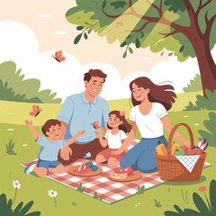Family having a delightful picnic in a park with sunlight and butterflies summer outdoors