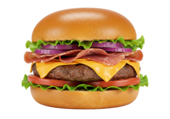 Isolated big burger with beef patty, cheese, tomato, lettuce and bun ready to eat