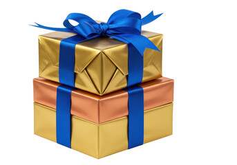 Obraz premium Isolated stack of three square gift boxes wrapped with gold & bronze paper and a blue bow
