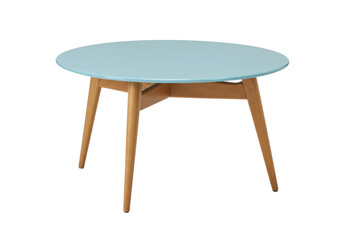 Isolated Round End Table with Light Blue Top and Wooden Legs, Furniture Side Table