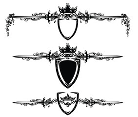 fairy tale medieval style royal crown, knight sword, shield and rose flowers black and white vector calligraphic page divider design set