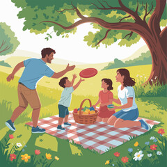 Family having a picnic and playing frisbee in a park nature outdoors