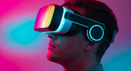 VR headset, neon art, glowing blue and magenta lines, silhouette of a figure, atmospheric background glow