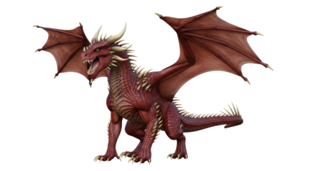 Isolated Red Dragon Creature Standing with Wings Spread Open Looking Aggressively Forward