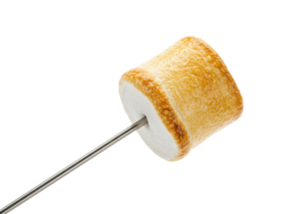Isolated marshmallow on a skewer, toasted golden-brown for roasting over campfire flames outdoors