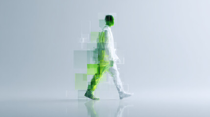 Emerging from the Void: A man walks forward, his form dissolving into pixels, symbolizing the transition to the next phase. It suggests concepts such as innovation, futuristic advancement.