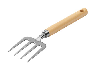 Isolated hand cultivator for weeding garden with natural wooden handle, metal tines