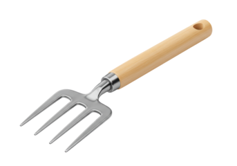 Isolated hand cultivator for weeding garden with natural wooden handle, metal tines