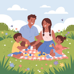 Family having a picnic in a grassy field with butterflies and flowers father mother